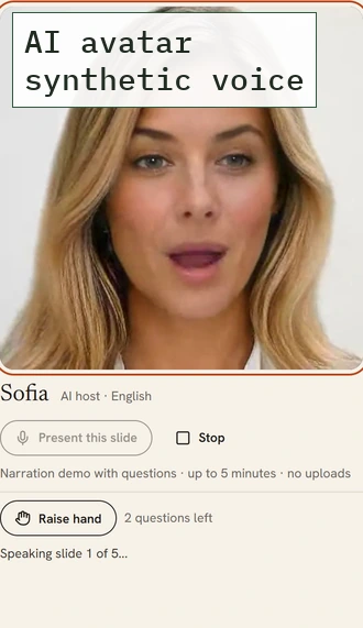 AI avatar presenting slide 1 of 5, with no question panel open. The frame's label reads AI avatar, synthetic voice.