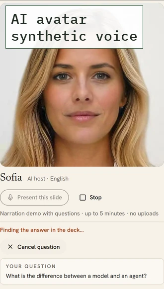 AI avatar with the question panel open. The spoken question, transcribed, reads: What is the difference between a model and an agent? The frame's label reads AI avatar, synthetic voice.