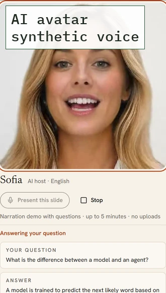 AI avatar answering from the deck. Panels show the question and the start of the answer: A model is trained to predict the next likely word based on… The frame's label reads AI avatar, synthetic voice.